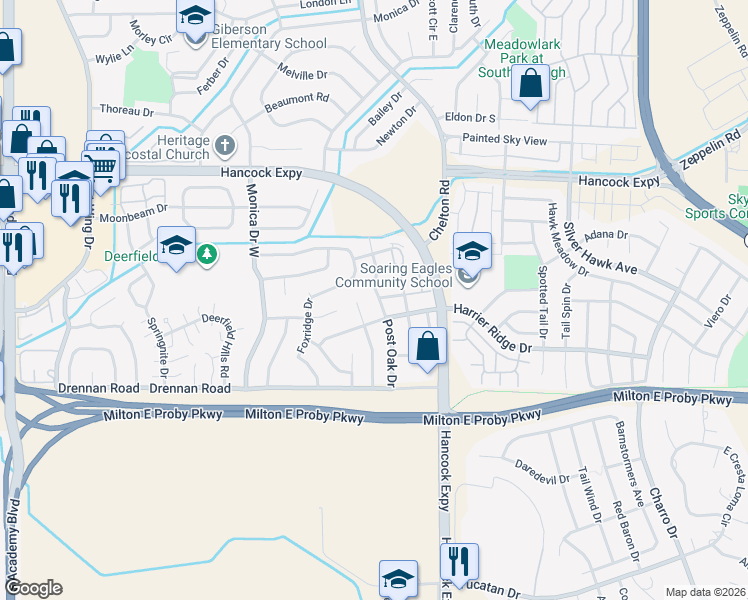 map of restaurants, bars, coffee shops, grocery stores, and more near 4650 Morning Mist Drive in Colorado Springs