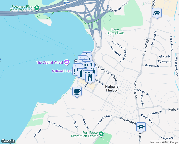 map of restaurants, bars, coffee shops, grocery stores, and more near 155 Potomac Passage in Oxon Hill