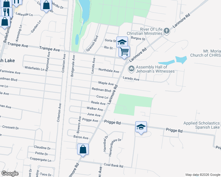 map of restaurants, bars, coffee shops, grocery stores, and more near 11814 Larimore Road in St. Louis