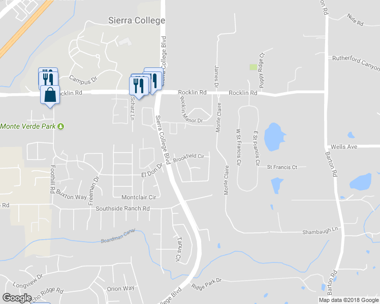 map of restaurants, bars, coffee shops, grocery stores, and more near 5215 Brookfield Circle in Rocklin