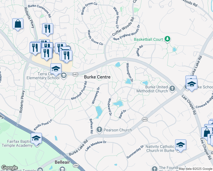 map of restaurants, bars, coffee shops, grocery stores, and more near 6101 Winnepeg Drive in Burke