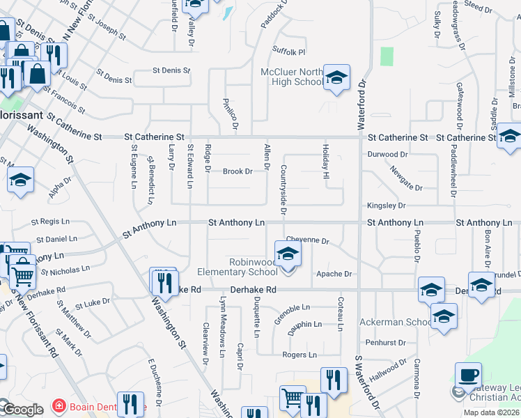 map of restaurants, bars, coffee shops, grocery stores, and more near 890 Saint Anthony Lane in Florissant
