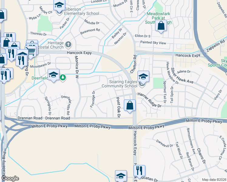 map of restaurants, bars, coffee shops, grocery stores, and more near 4650 Morning Mist Drive in Colorado Springs
