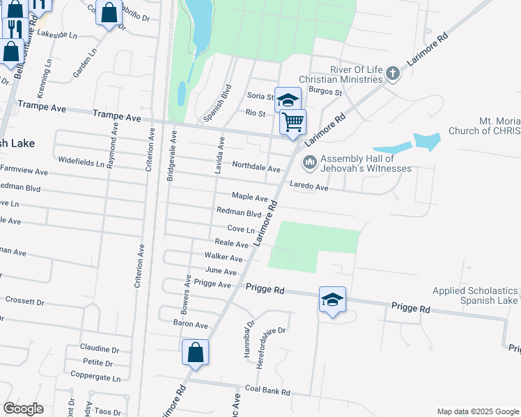 map of restaurants, bars, coffee shops, grocery stores, and more near 11814 Larimore Road in St. Louis
