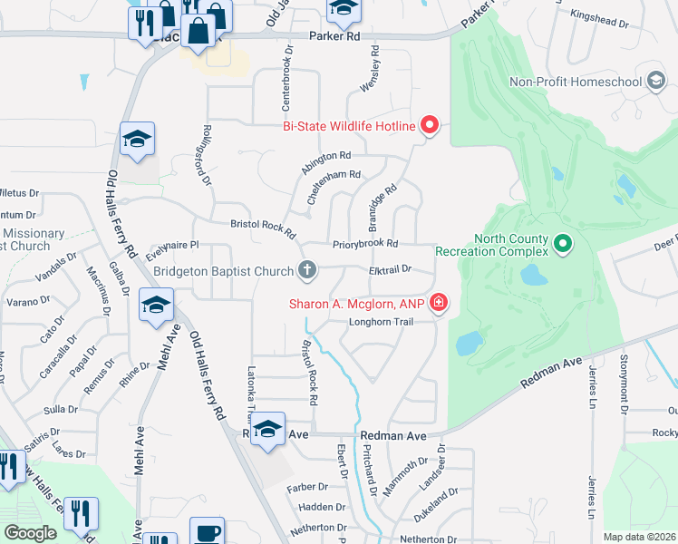 map of restaurants, bars, coffee shops, grocery stores, and more near 5189 Edgemere Drive in Florissant