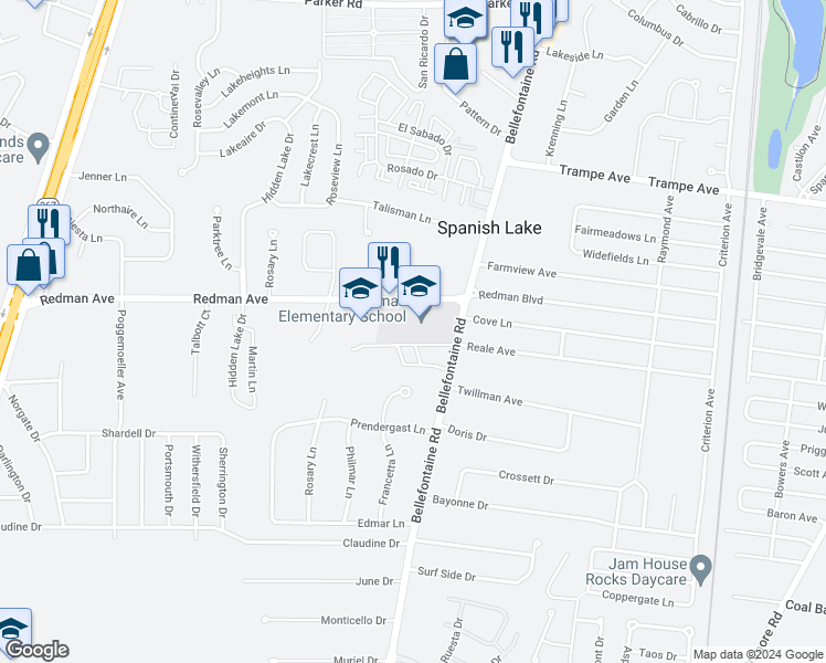 map of restaurants, bars, coffee shops, grocery stores, and more near 11831 Bellefontaine Road in St. Louis