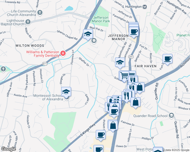 map of restaurants, bars, coffee shops, grocery stores, and more near 6040 Shaffer Drive in Alexandria