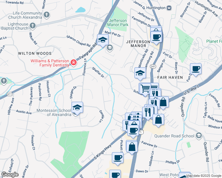 map of restaurants, bars, coffee shops, grocery stores, and more near 6040 Shaffer Drive in Alexandria