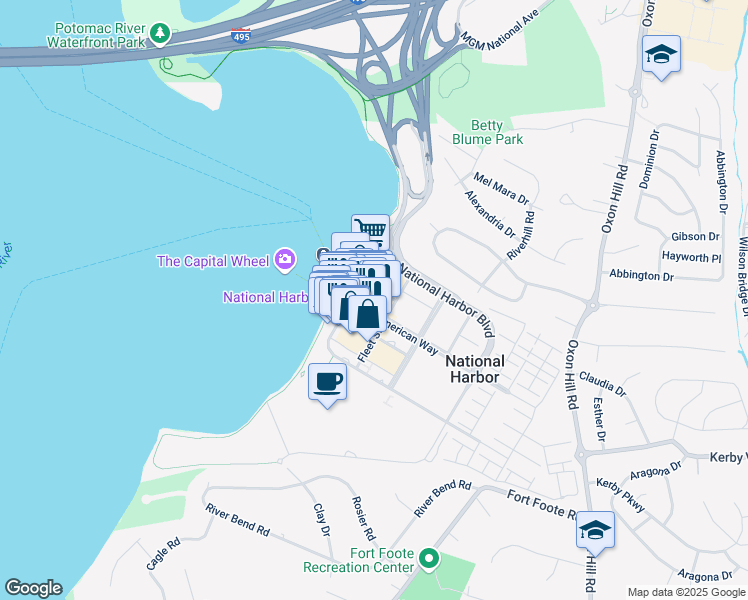 map of restaurants, bars, coffee shops, grocery stores, and more near 155 Potomac Passage in Oxon Hill