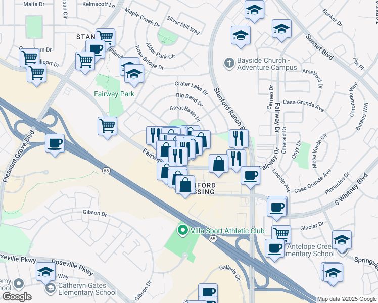 map of restaurants, bars, coffee shops, grocery stores, and more near 9250 Fairway Drive in Roseville