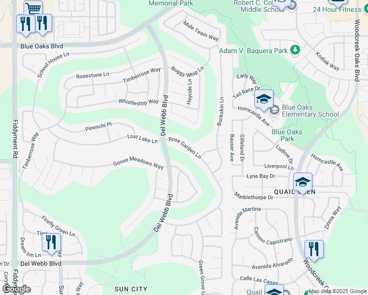 map of restaurants, bars, coffee shops, grocery stores, and more near 6377 Rose Garden Lane in Roseville