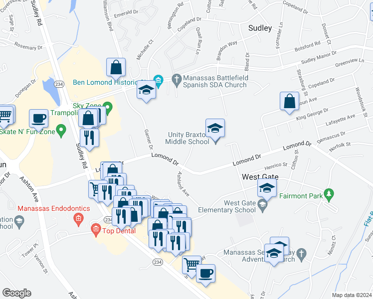 map of restaurants, bars, coffee shops, grocery stores, and more near 7910 Ashland Avenue in Manassas