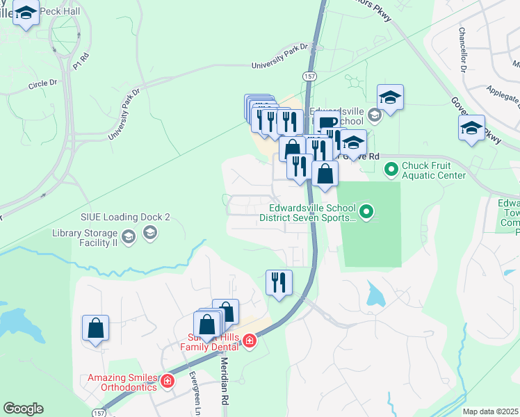 map of restaurants, bars, coffee shops, grocery stores, and more near 2 Campus Edge Drive in Edwardsville