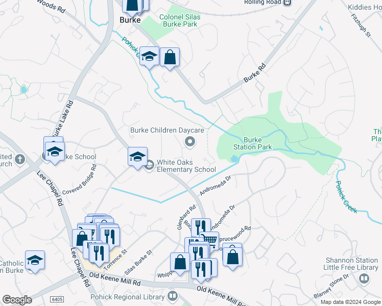 map of restaurants, bars, coffee shops, grocery stores, and more near 6112 Pueblo Court in Burke