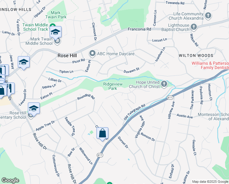 map of restaurants, bars, coffee shops, grocery stores, and more near 6120 Redwood Lane in Alexandria