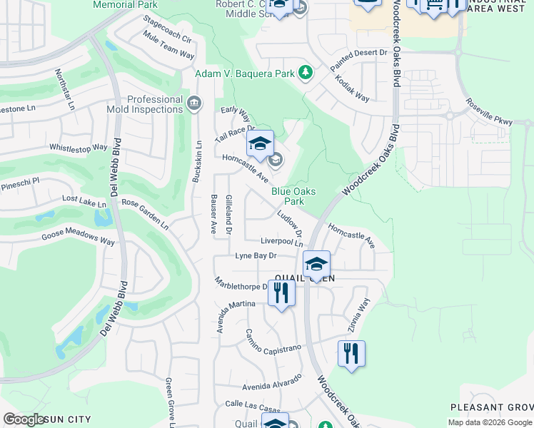 map of restaurants, bars, coffee shops, grocery stores, and more near 7041 Petersborough Way in Roseville