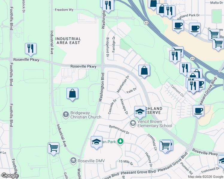 map of restaurants, bars, coffee shops, grocery stores, and more near 37 Rosemary Court in Roseville