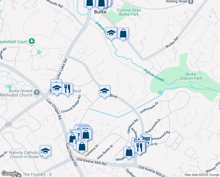 map of restaurants, bars, coffee shops, grocery stores, and more near 6107 Virgo Court in Burke