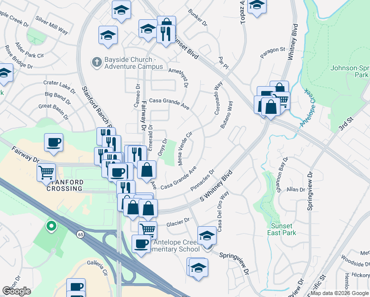 map of restaurants, bars, coffee shops, grocery stores, and more near 5103 Mesa Verde Circle in Rocklin