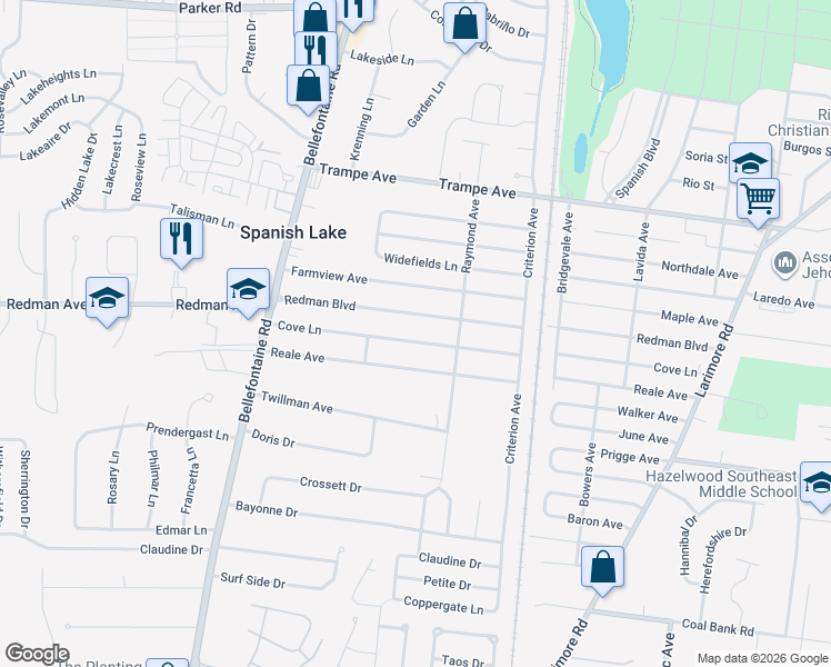 map of restaurants, bars, coffee shops, grocery stores, and more near 1437 Redman Boulevard in St. Louis