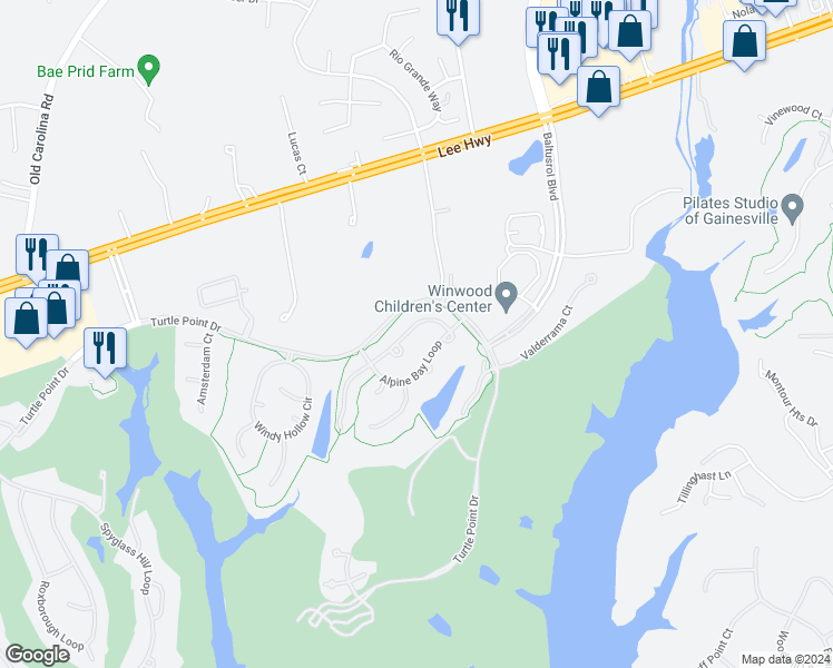 map of restaurants, bars, coffee shops, grocery stores, and more near 7991 Bonnie Briar Loop in Gainesville