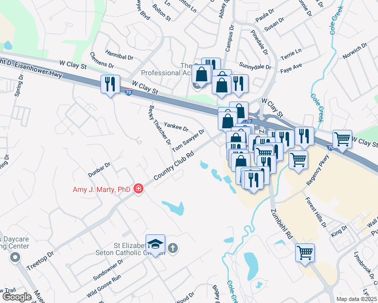 map of restaurants, bars, coffee shops, grocery stores, and more near 1137 Country Club Road in Saint Charles