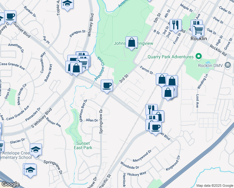 map of restaurants, bars, coffee shops, grocery stores, and more near 5600 Bolton Way in Rocklin