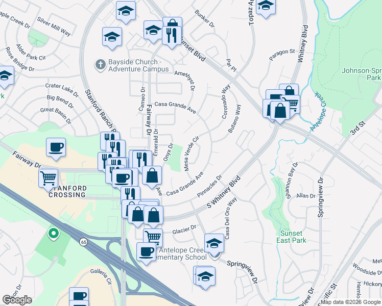 map of restaurants, bars, coffee shops, grocery stores, and more near 5103 Mesa Verde Circle in Rocklin