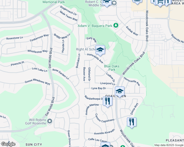 map of restaurants, bars, coffee shops, grocery stores, and more near 7293 Liverpool Lane in Roseville
