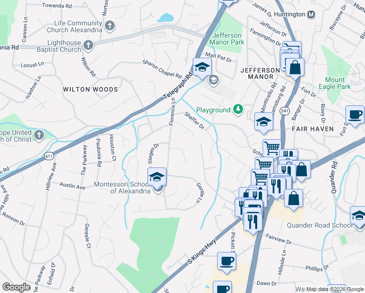 map of restaurants, bars, coffee shops, grocery stores, and more near 3299 Wilton Knoll Court in Alexandria