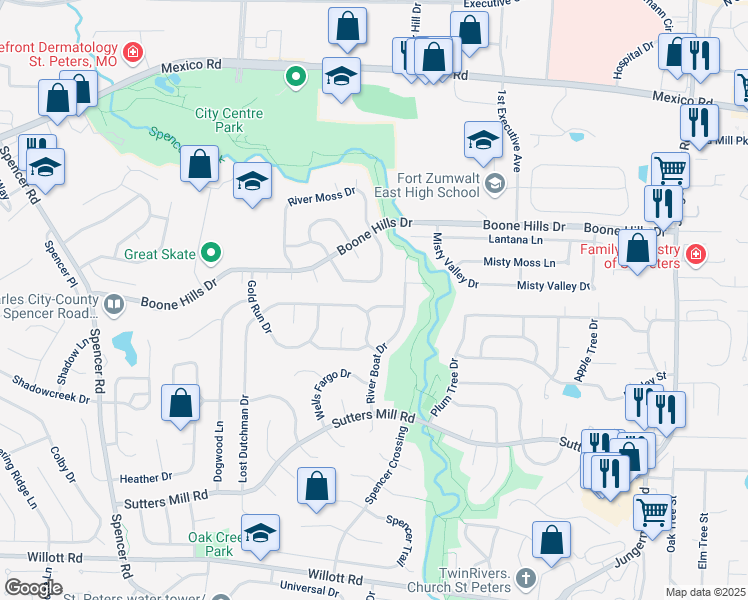 map of restaurants, bars, coffee shops, grocery stores, and more near 127 Misty View Lane in St. Peters