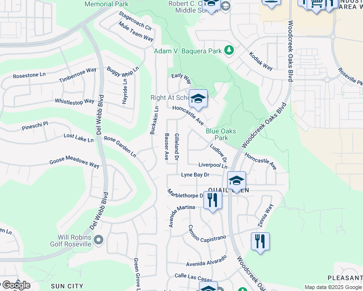 map of restaurants, bars, coffee shops, grocery stores, and more near 7293 Liverpool Lane in Roseville