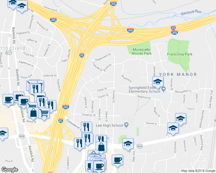 map of restaurants, bars, coffee shops, grocery stores, and more near 6604 Fargo Street in Springfield