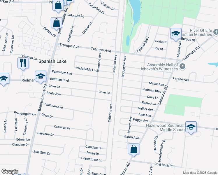 map of restaurants, bars, coffee shops, grocery stores, and more near 1354 Redman Boulevard in St. Louis