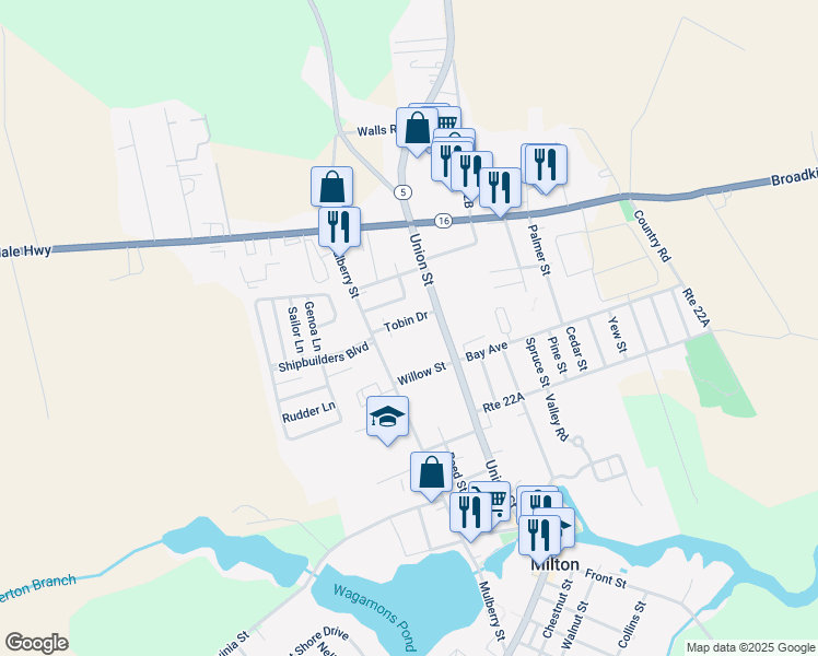 map of restaurants, bars, coffee shops, grocery stores, and more near 120 Tobin Drive in Milton
