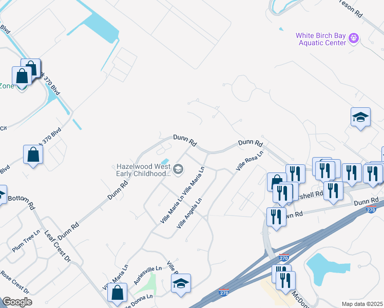 map of restaurants, bars, coffee shops, grocery stores, and more near 1631 Ville Gloria Lane in Hazelwood