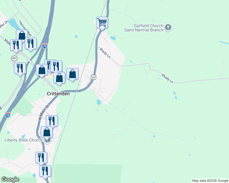 map of restaurants, bars, coffee shops, grocery stores, and more near 250 Leehi Drive in Crittenden
