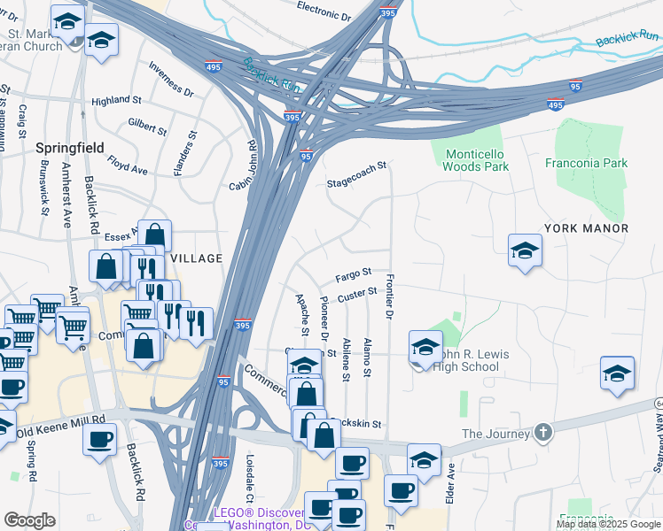 map of restaurants, bars, coffee shops, grocery stores, and more near 6114 Pinto Place in Springfield