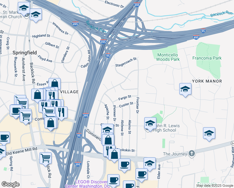 map of restaurants, bars, coffee shops, grocery stores, and more near 6114 Pinto Place in Springfield