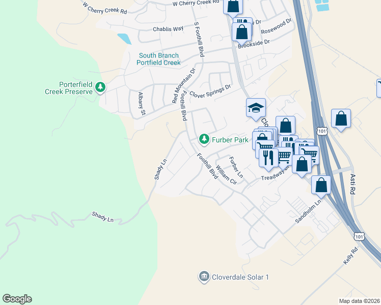 map of restaurants, bars, coffee shops, grocery stores, and more near 119 Primrose Lane in Cloverdale