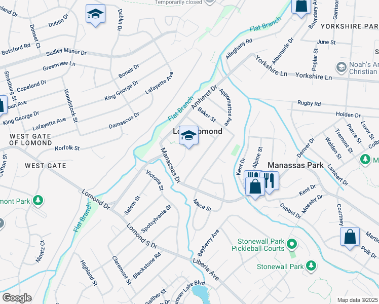 map of restaurants, bars, coffee shops, grocery stores, and more near 7900 Augusta Road in Manassas