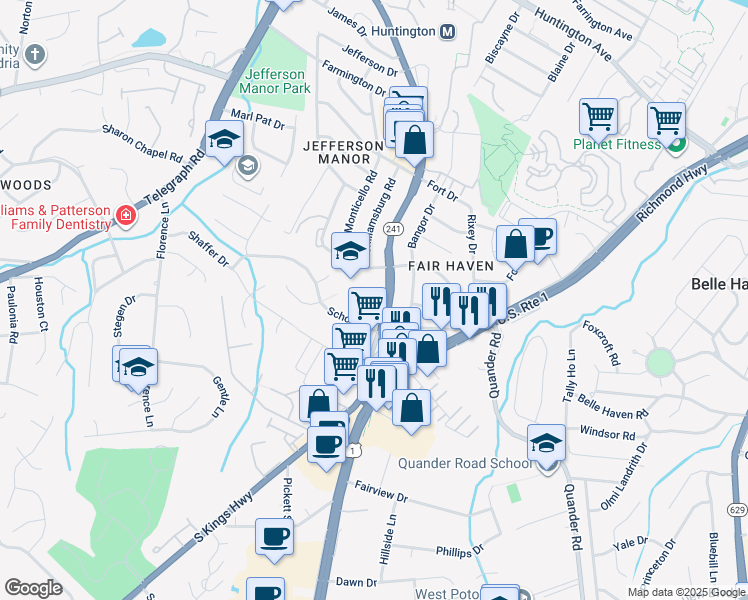 map of restaurants, bars, coffee shops, grocery stores, and more near 6116 North Kings Highway in Alexandria