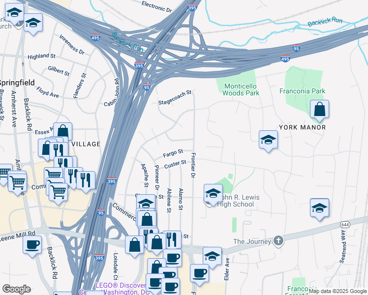 map of restaurants, bars, coffee shops, grocery stores, and more near 6604 Fargo Street in Springfield