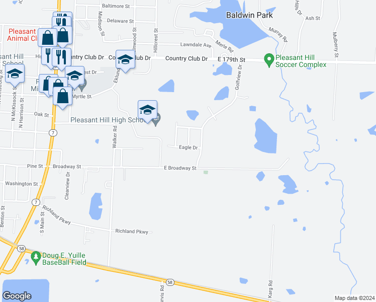 map of restaurants, bars, coffee shops, grocery stores, and more near 1520 Eagle Drive in Pleasant Hill