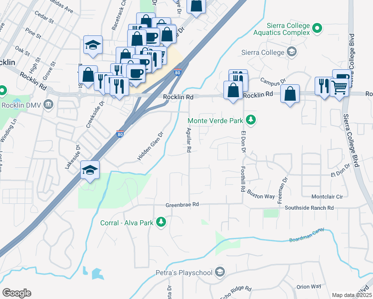 map of restaurants, bars, coffee shops, grocery stores, and more near 5500 Aguilar Road in Rocklin