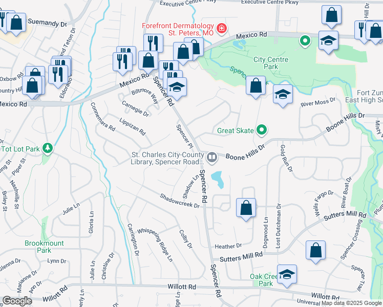 map of restaurants, bars, coffee shops, grocery stores, and more near 311 Spencer Place in St. Peters