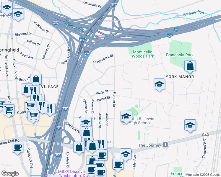 map of restaurants, bars, coffee shops, grocery stores, and more near 6602 Fargo Street in Springfield