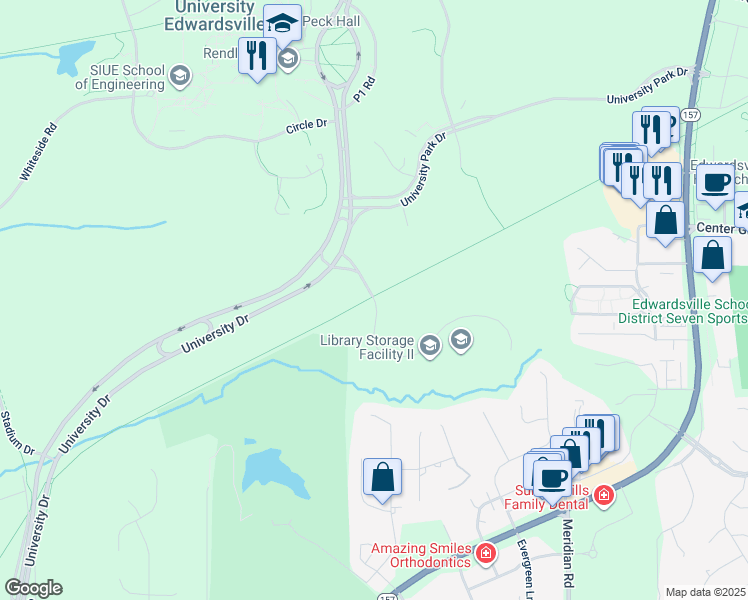 map of restaurants, bars, coffee shops, grocery stores, and more near Supporting Services Drive in Edwardsville