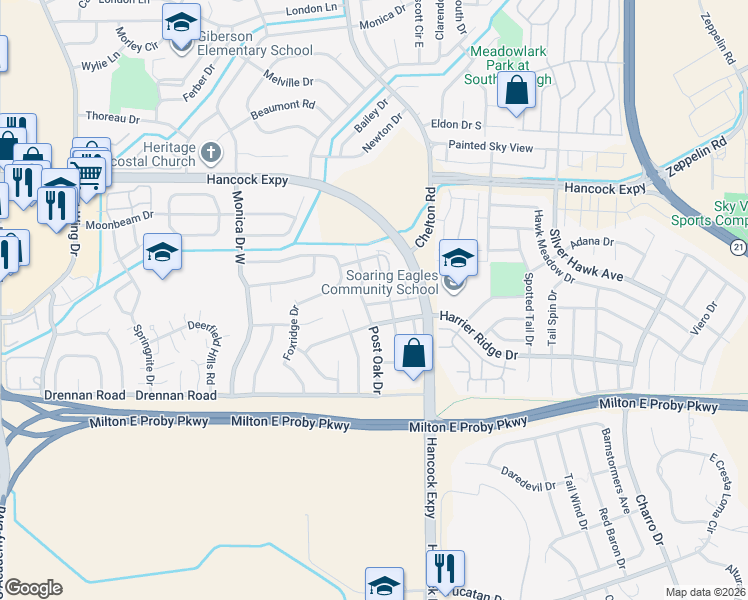 map of restaurants, bars, coffee shops, grocery stores, and more near 3140 Post Oak Drive in Colorado Springs