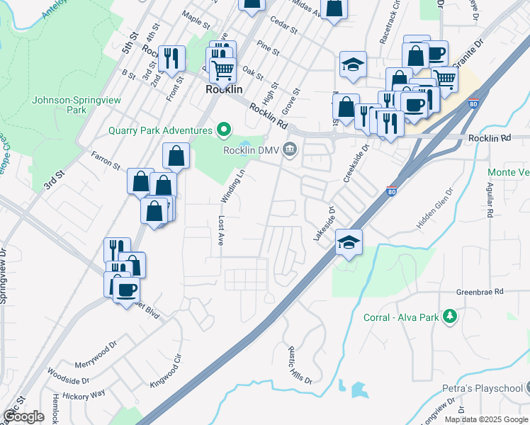 map of restaurants, bars, coffee shops, grocery stores, and more near 5430 South Grove Street in Rocklin